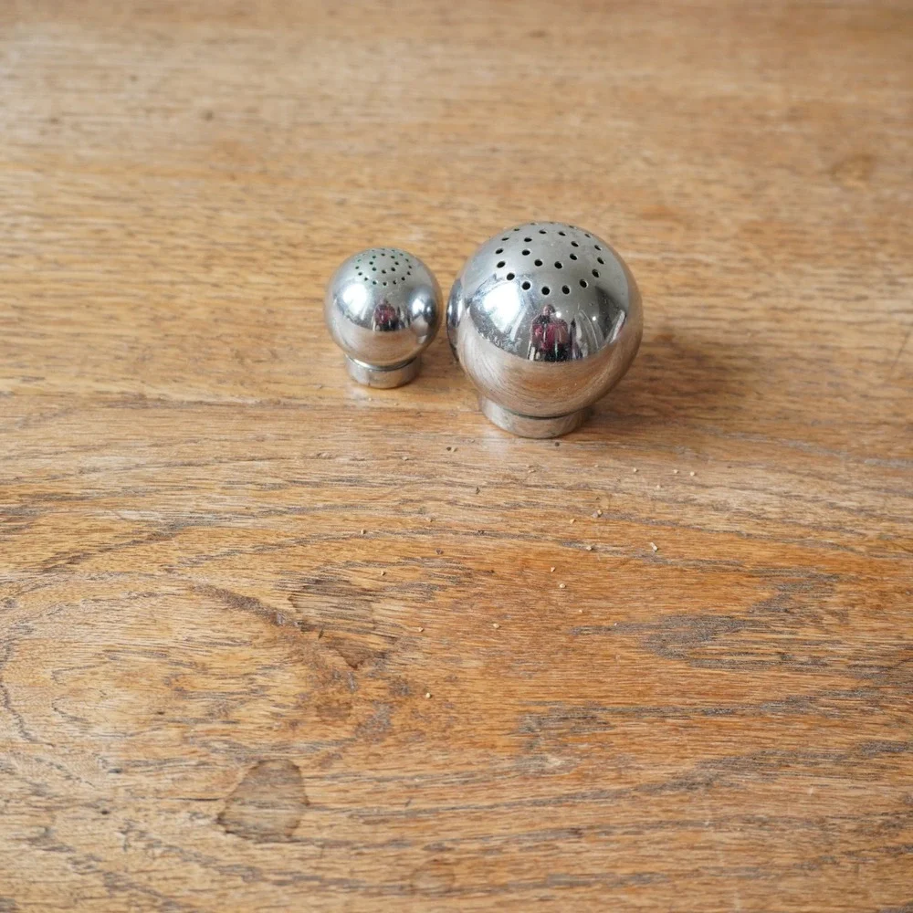 Vintage MCM Chrome Orb Salt and Pepper Shakers Spherical Mid Century Modern Set